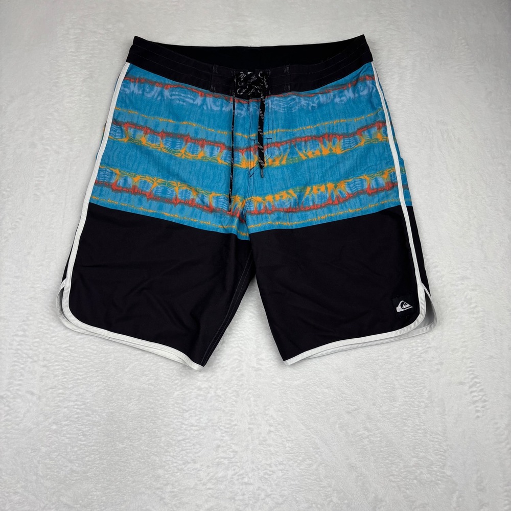 Quiksilver Mens Medium Board Shorts Blue Orange Tie Dye Stripe Black Swim Trunks